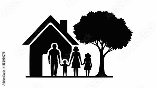 Silhouette of a Family Standing in Front of a House with a Tree.
