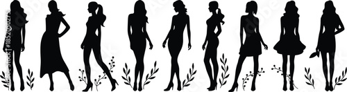 PrintWomen silhouette fashion illustration, elegant dress poses vector, stylish clothing design outline icon, apparel technical drawing graphic, feminine posture artistic art