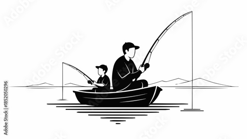 Father and son fishing together in a boat on the water.