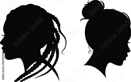 PrintWomen silhouette profile illustration, braided hairstyle vector, bun hair design outline icon, fashion beauty graphic art, cultural identity stylish portrait