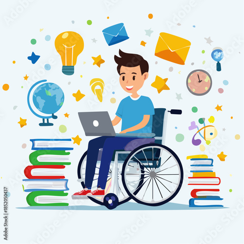 Young man in wheelchair using laptop with books and learning symbols around