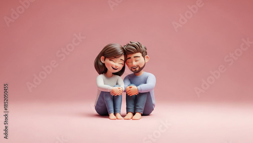 Clay figurines of a man and woman sitting together on pink background