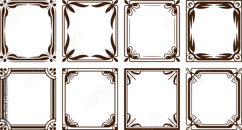 Eight ornate brown floral frames on white background