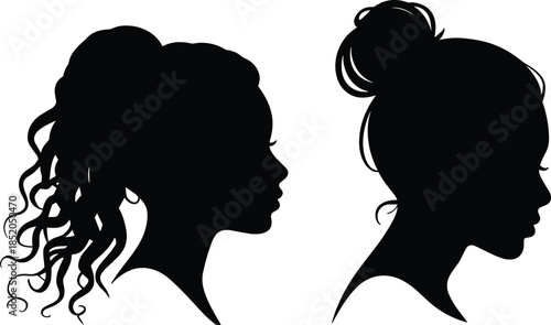 PrintWomen silhouette profile illustration, curly ponytail hairstyle vector, bun hair design outline icon, fashion beauty graphic art, cultural identity stylish portrait