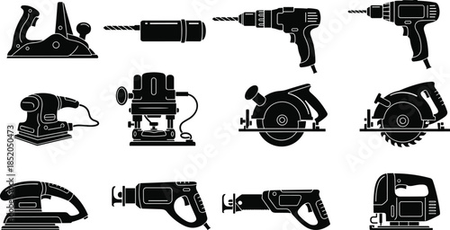 PrintWoodworking tools silhouette illustration, power tool vector graphic, construction equipment design outline icon, carpentry workshop sketch art, handyman repair set