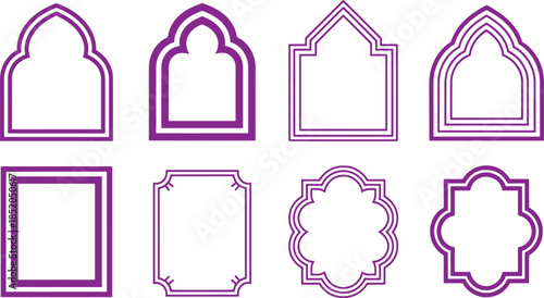 Eight Purple Window Frame Outlines with Various Architectural Styles