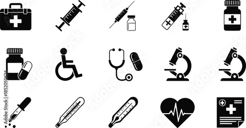 Medical solid icons set with syringe pills microscope wheelchair and heart symbols, healthcare and hospital vector illustration