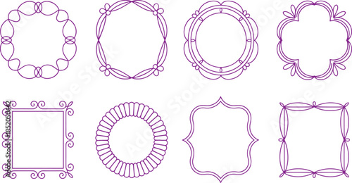 Seven decorative purple frames with floral and swirl on white background swirls