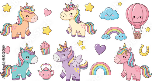 Cute kawaii unicorn collection with magical rainbows stars hearts cupcakes and hot air balloon isolated