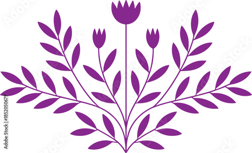 Purple Floral Plant with Three Blooms and Leaves