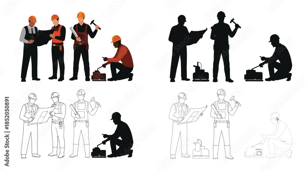 Fototapeta premium Construction workers in various poses shown in color silhouette and outline styles