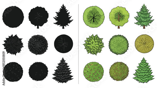 Various tree top views in pixel art style showcasing diverse foliage