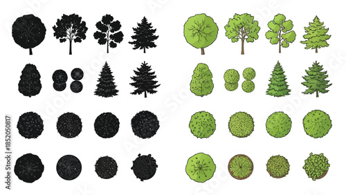 Collection of various stylized tree top views in different shades and forms