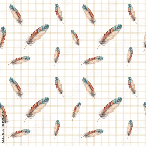 Seamless pattern with watercolor boho feathers