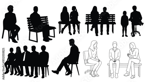 Silhouettes of people sitting waiting and conversing in a public space