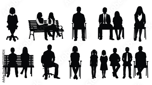 Silhouettes of people sitting waiting and interacting in a public space