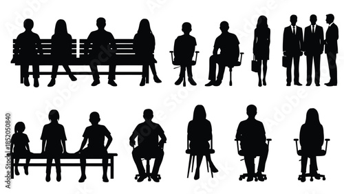 Silhouette collection of people sitting standing and engaged in various postures