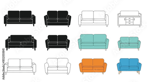 Variety of sofa designs in different colors and outlines displayed neatly