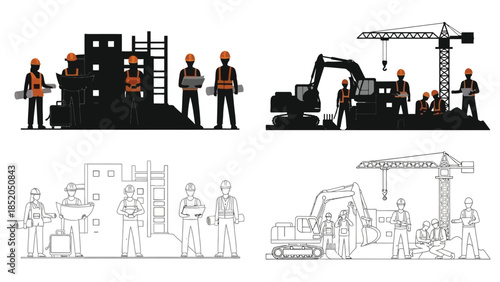 Construction workers and heavy machinery operating on a building site