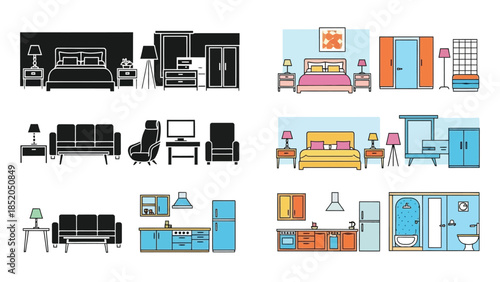 Interior design elements bedroom living room and kitchen layouts illustrated