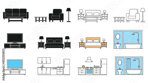 Minimalist furniture icons showcasing living room bedroom and bathroom setups