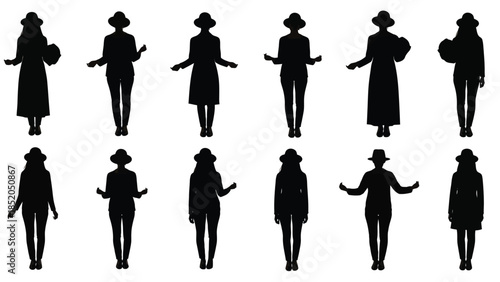 Silhouettes of women in vintage attire showcasing various poses and styles