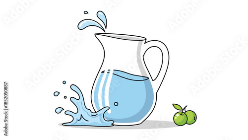 Glass Water Pitcher with Splash and Fresh Green Apples Illustration