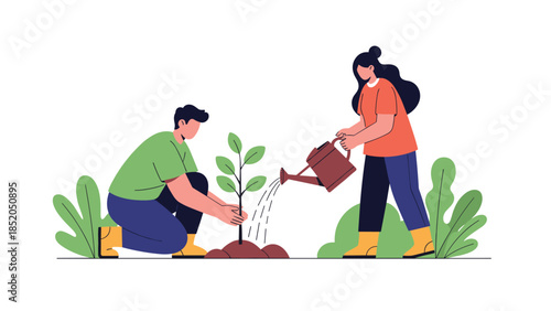 Couple Planting and Watering a Young Tree Sapling Illustration