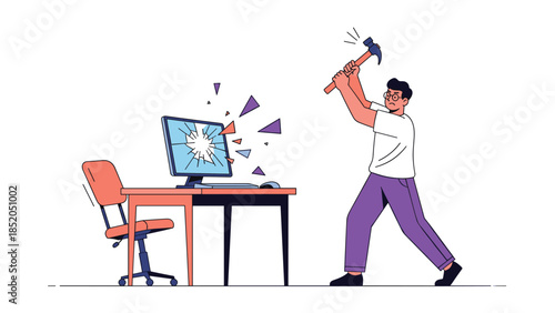 Angry Man Smashing Computer Monitor with Hammer Illustration