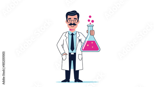 Scientist Character Holding Glass Flask with Pink Liquid Illustration