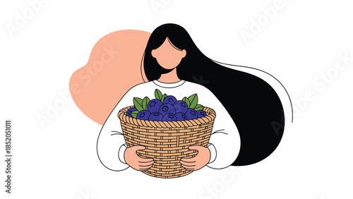 Woman Holding a Wicker Basket of Fresh Blueberries Illustration