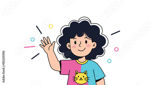 Cartoon Girl Waving Hand in Colorful Cat T-Shirt Illustration