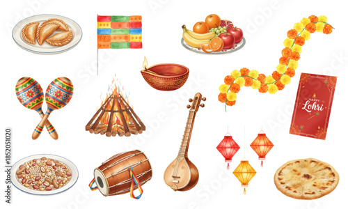 Happy Lohri watercolor festival elements collection