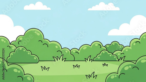 Green Landscape with Trees and Grass under Blue Sky with Clouds, Cartoon Style