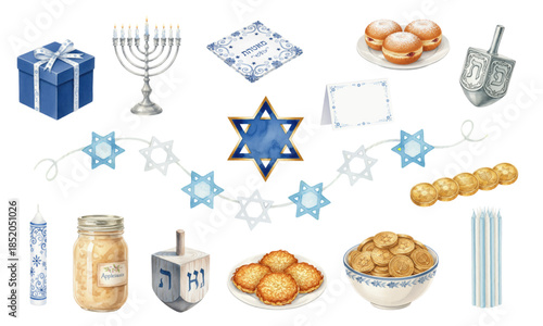 Hanukkah watercolor holiday elements and symbols set