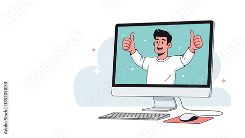 Happy Man Giving Double Thumbs Up on Computer Screen Illustration