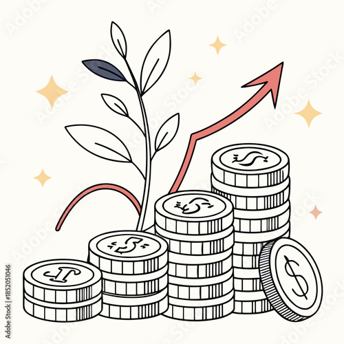 Of growing plant with dollar coins and rising arrow