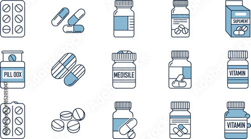 Medicine and vitamin supplement icons set with pill bottles, capsules, tablets, and pharmaceutical packaging illustrations