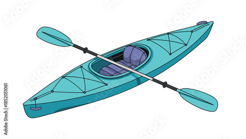 Teal recreational kayak with paddle isolated on white background