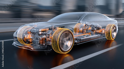 Transparent electric car on city road demonstrating futuristic automotive technology