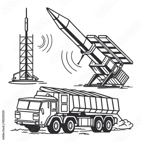 Black and white of missile defense system with truck launcher radar tower and missile