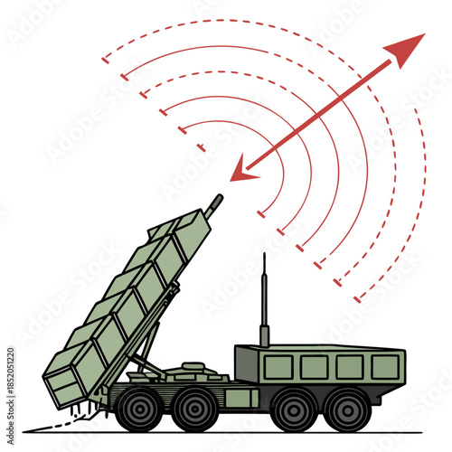 Green military truck with missile launcher and radar system