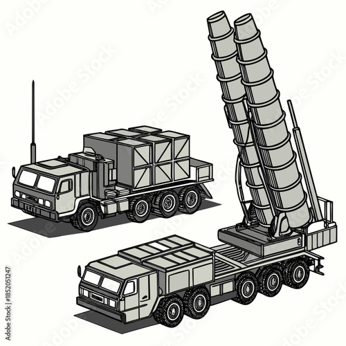 Modern air defense system vehicles with missile launcher and transporter