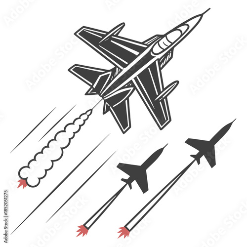 Military jet intercepting missiles with smoke trails