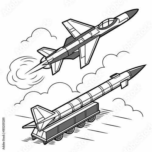 Military showing anti air interception with fighter jet and surface to air missile