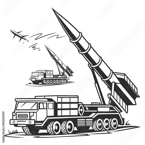 Black and white of military missile launch vehicle and aircraft