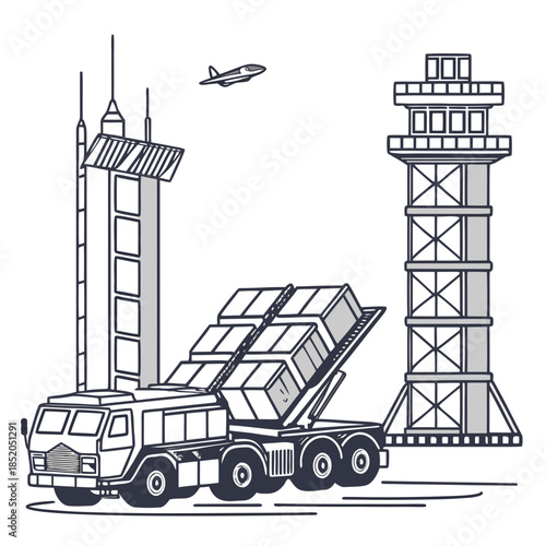 Military truck transports missile system components near air defense tower and missile launcher