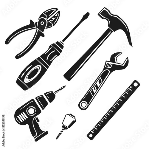 Set of tools vector featuring a steel hammer, screwdriver, wrench, and pliers isolated on white for home improvement and construction repair work hardware