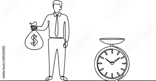 Single continuous line drawing young business man weight money bag and analog clock with scale.one line  vector illustration  with out background