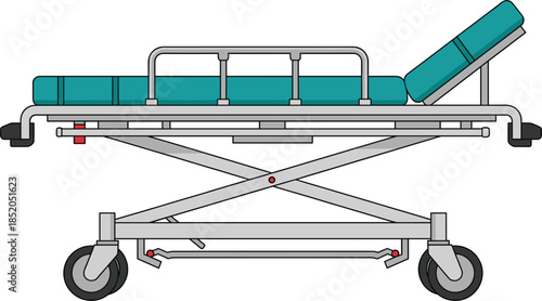 Hospital stretcher bed illustration showing adjustable medical gurney with wheels used for patient transport